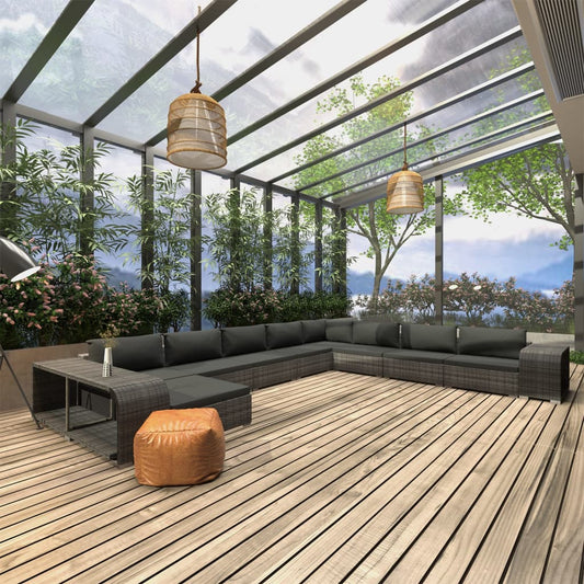 11-tlg. Garten-Lounge-Set mit Auflagen Poly Rattan Grau