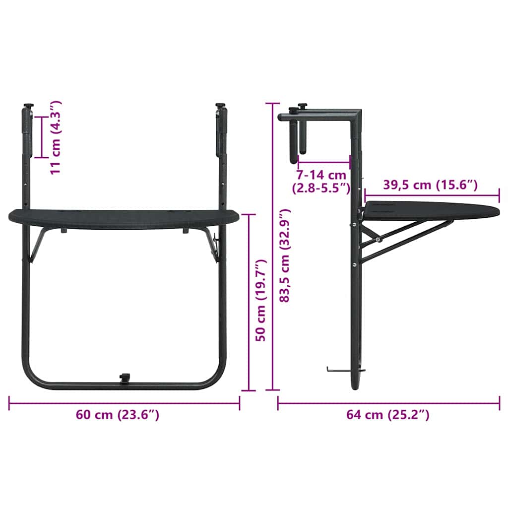 Balkon-Hängetisch Schwarz 60x64x83,5 cm Kunststoff Rattan-Optik