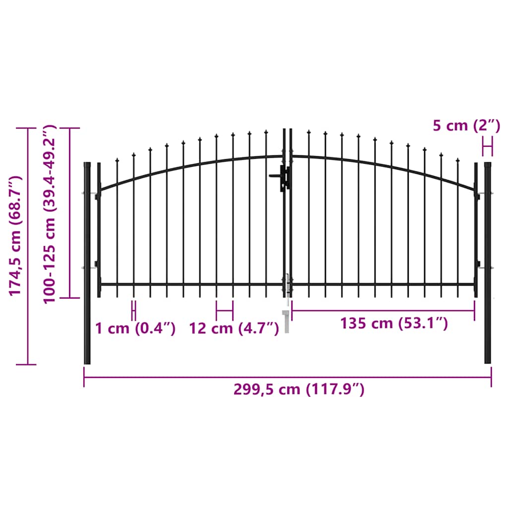 Zauntor Doppelflügel mit Speerspitzen Stahl 3 x 1,25 m Schwarz