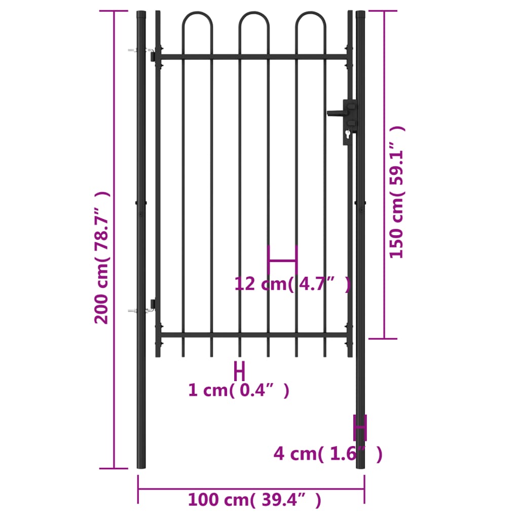 Zauntor Einzelflügel Gewölbte Spitze Stahl 1 x 1,5 m Schwarz