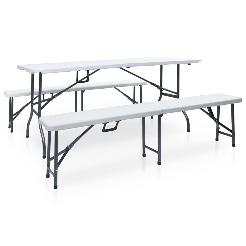 Sammenklappeligt havebord med 2 bænke 180 cm stål og HDPE Hvid