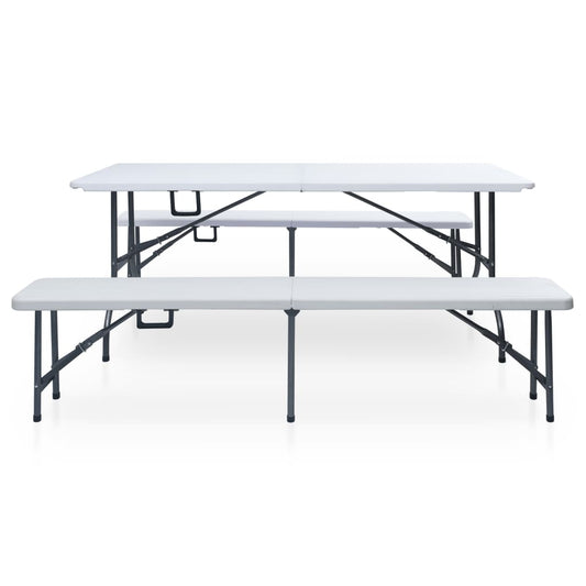 Sammenklappeligt havebord med 2 bænke 180 cm stål og HDPE Hvid