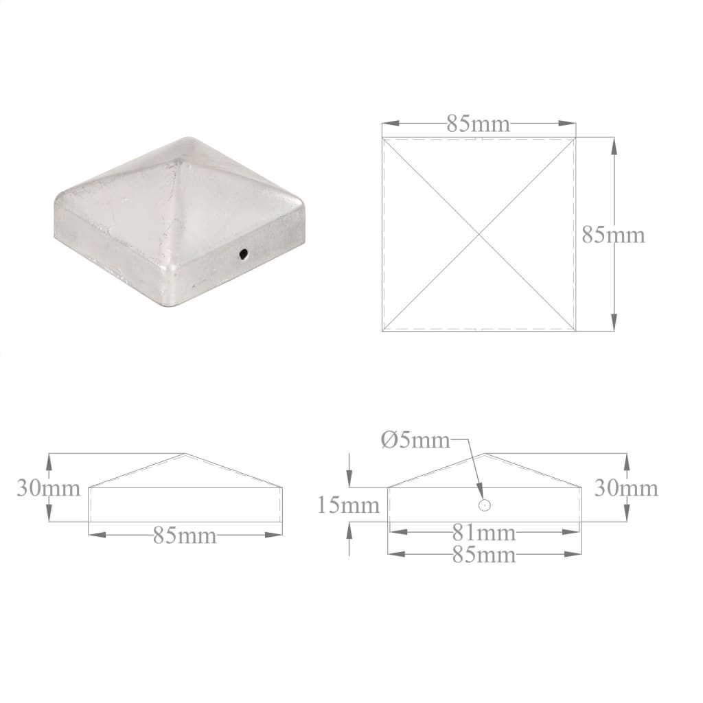 Pfostenkappen 6 Stk. Pyramide Verzinktes Metall 81 x 81 mm
