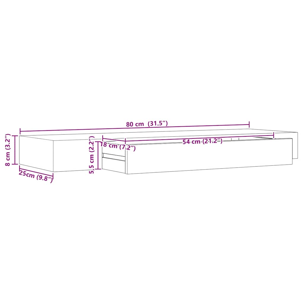 Schweberegal mit Schublade Schwarz 80x25x8 cm