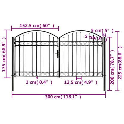 Hegnslåge Dobbeltfløjet Buet Top Stål 300x175 cm Sort