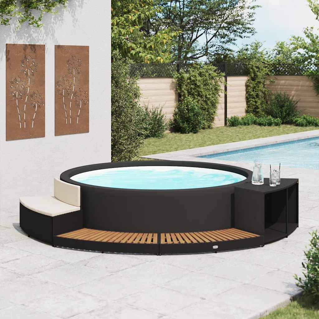 Whirlpool-Umrandung Schwarz Poly Rattan & Massivholz Akazie
