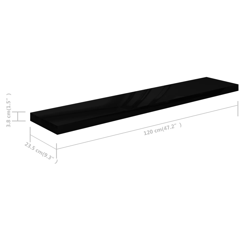 Schweberegale 2 Stk. Hochglanz-Schwarz 120x23,5x3,8 cm MDF