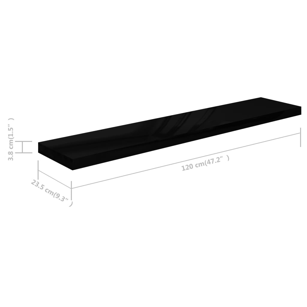 Flydende hylder 4 stk Højglans sort 120x23,5x3,8 cm MDF