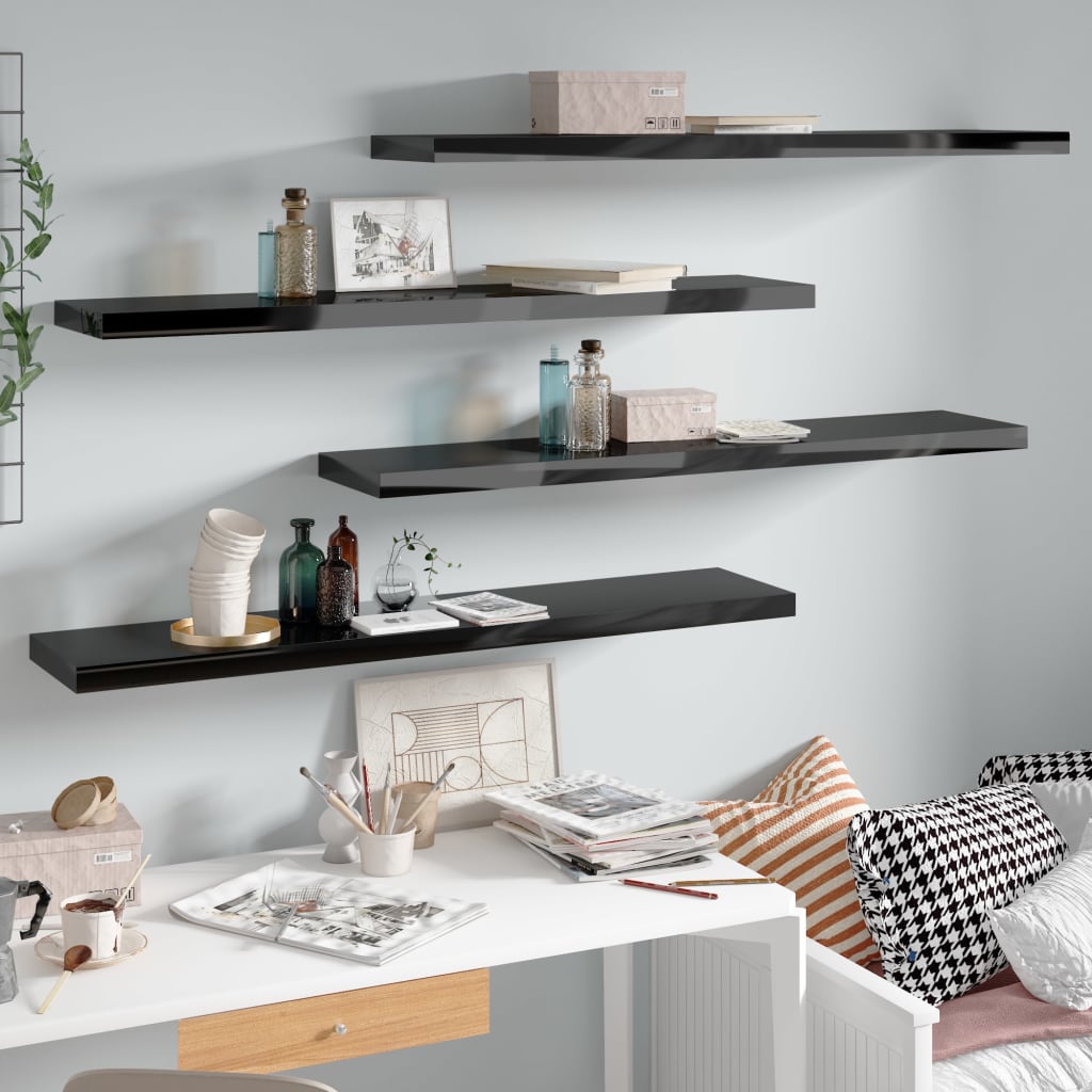 Flydende hylder 4 stk Højglans sort 120x23,5x3,8 cm MDF