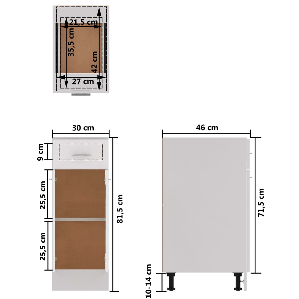 Schubunterschrank Lyon Hochglanz-Weiß 30x46x81,5 cm Holzwerkstoff