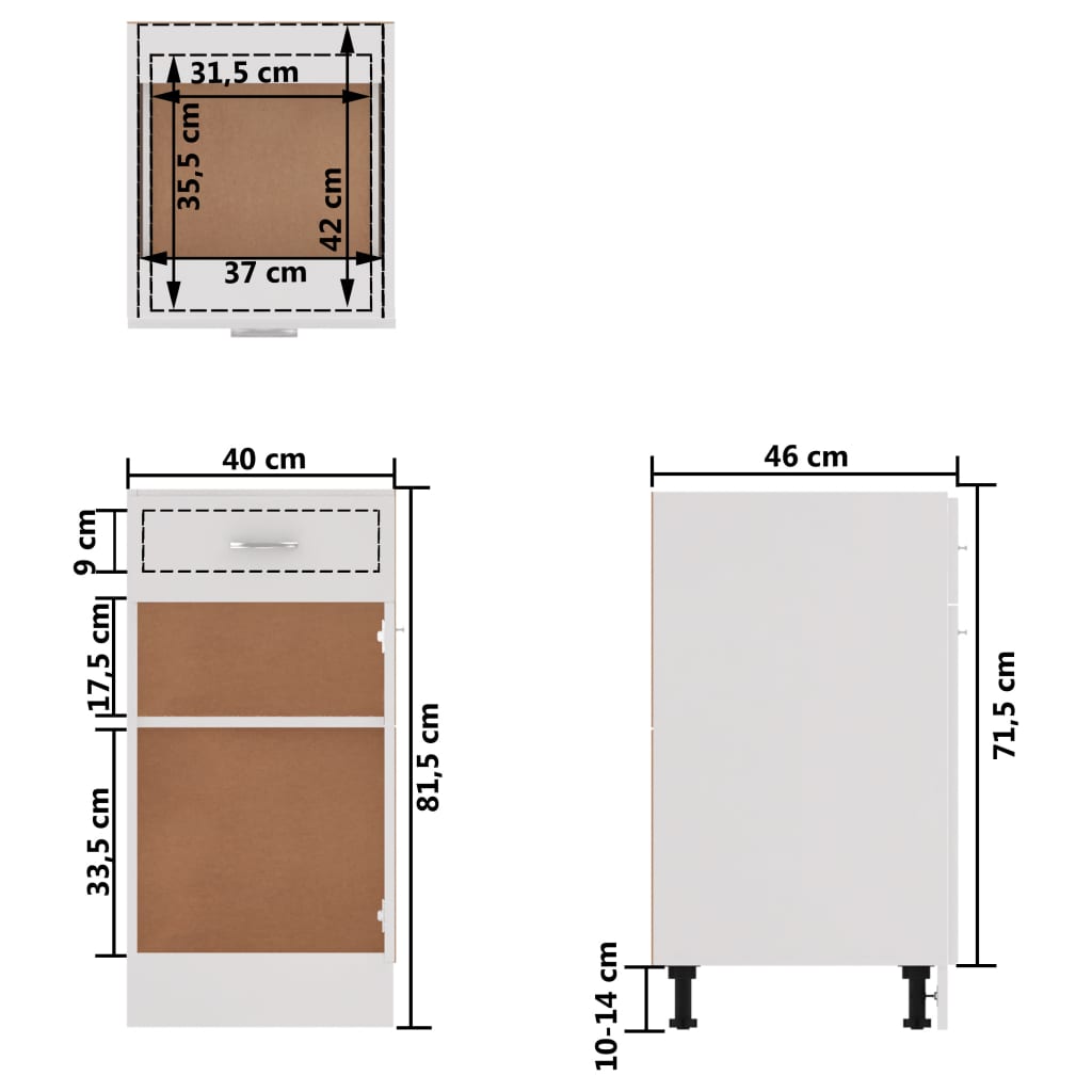 Schubunterschrank Lyon Weiß 40x46x81,5 cm Holzwerkstoff