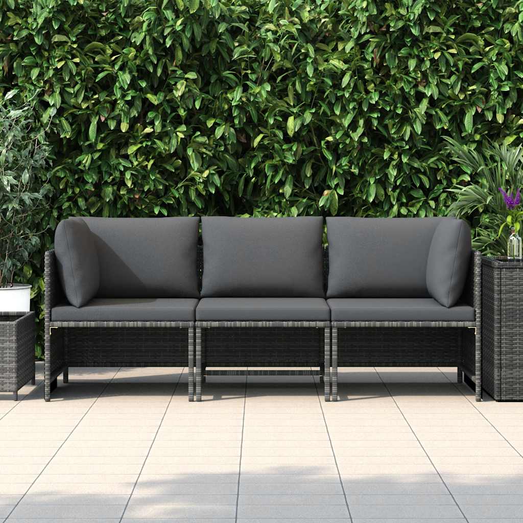 3-Sitzer-Gartensofa mit Kissen Grau Poly Rattan