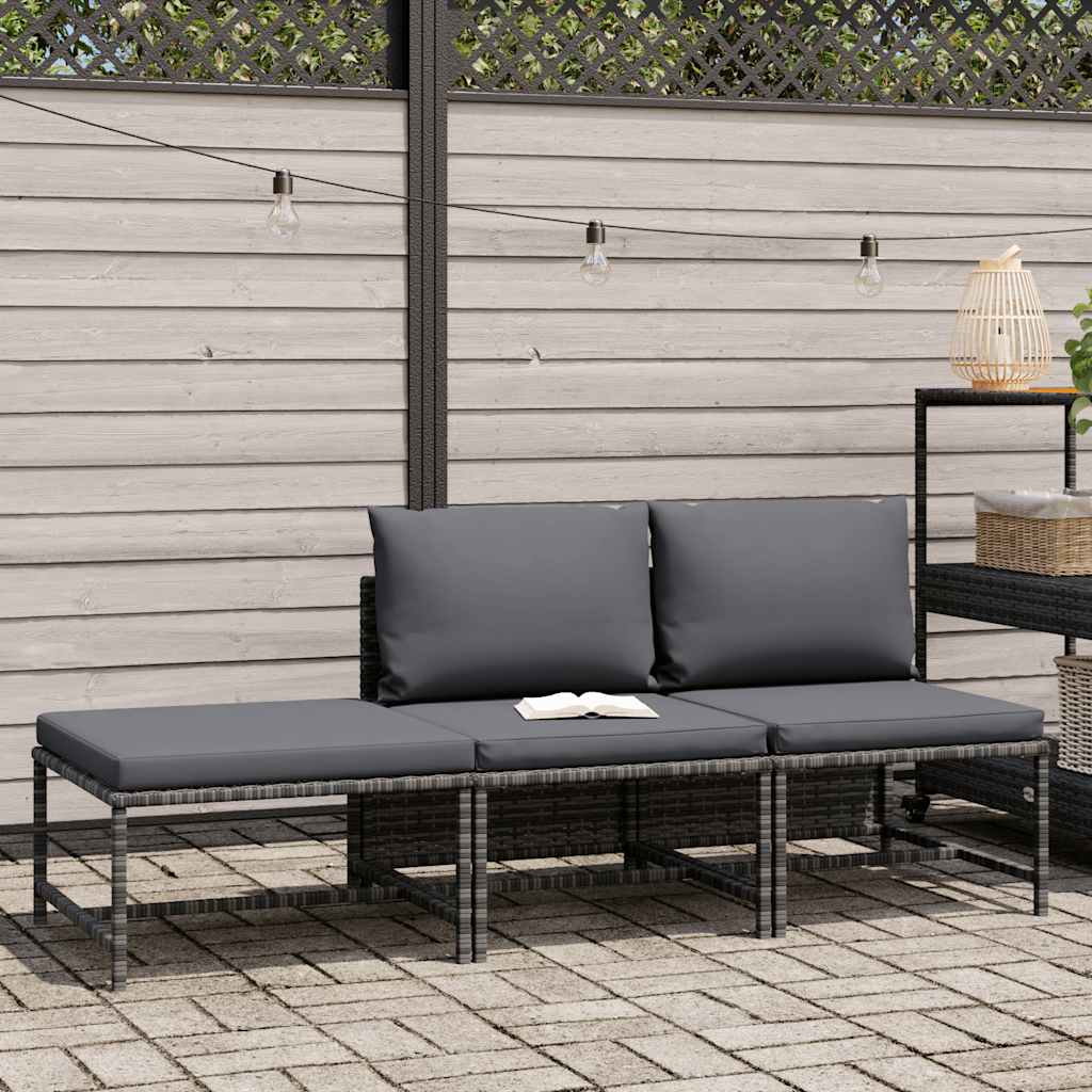 3-tlg. Garten-Sofagarnitur mit Kissen Grau Poly Rattan