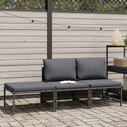 3-tlg. Garten-Sofagarnitur mit Kissen Grau Poly Rattan