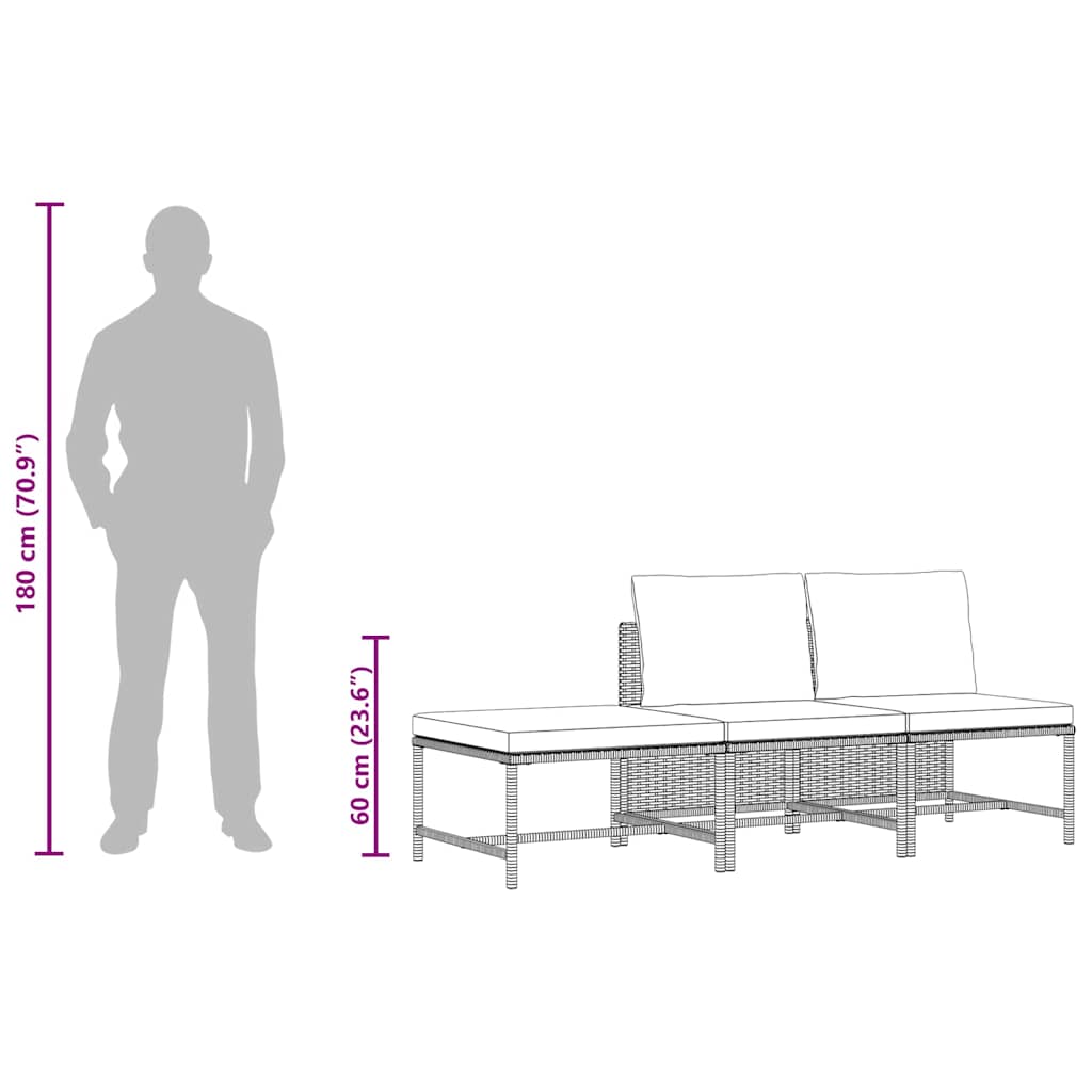 3-tlg. Garten-Sofagarnitur mit Kissen Grau Poly Rattan