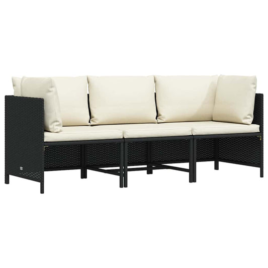 3-Sitzer-Gartensofa mit Auflagen Schwarz Poly Rattan