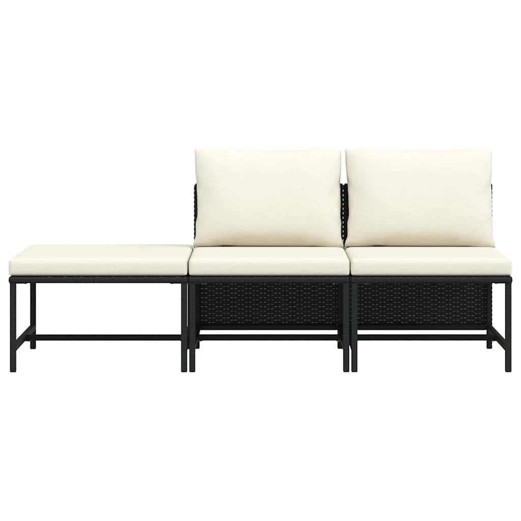 3-tlg. Garten-Sofagarnitur mit Auflagen Schwarz Poly Rattan