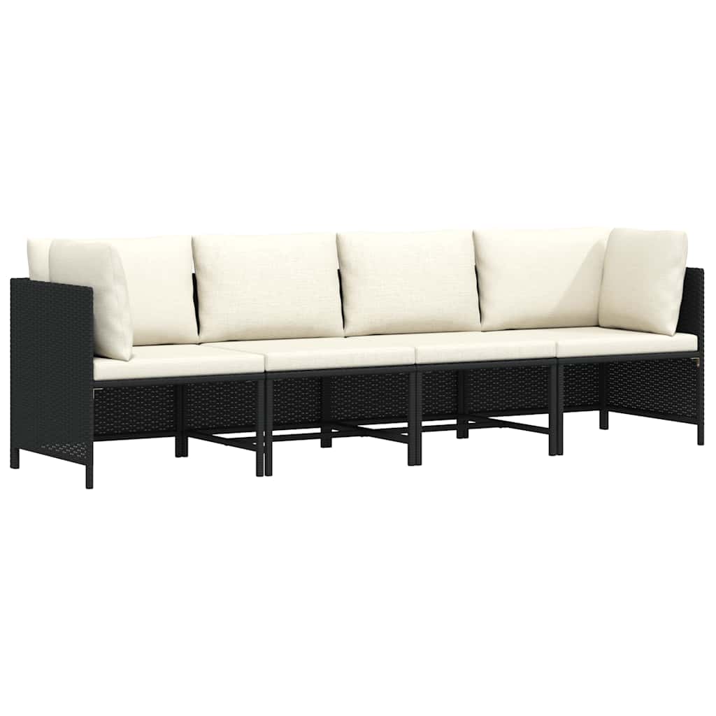 4-Sitzer-Gartensofa mit Auflagen Schwarz Poly Rattan