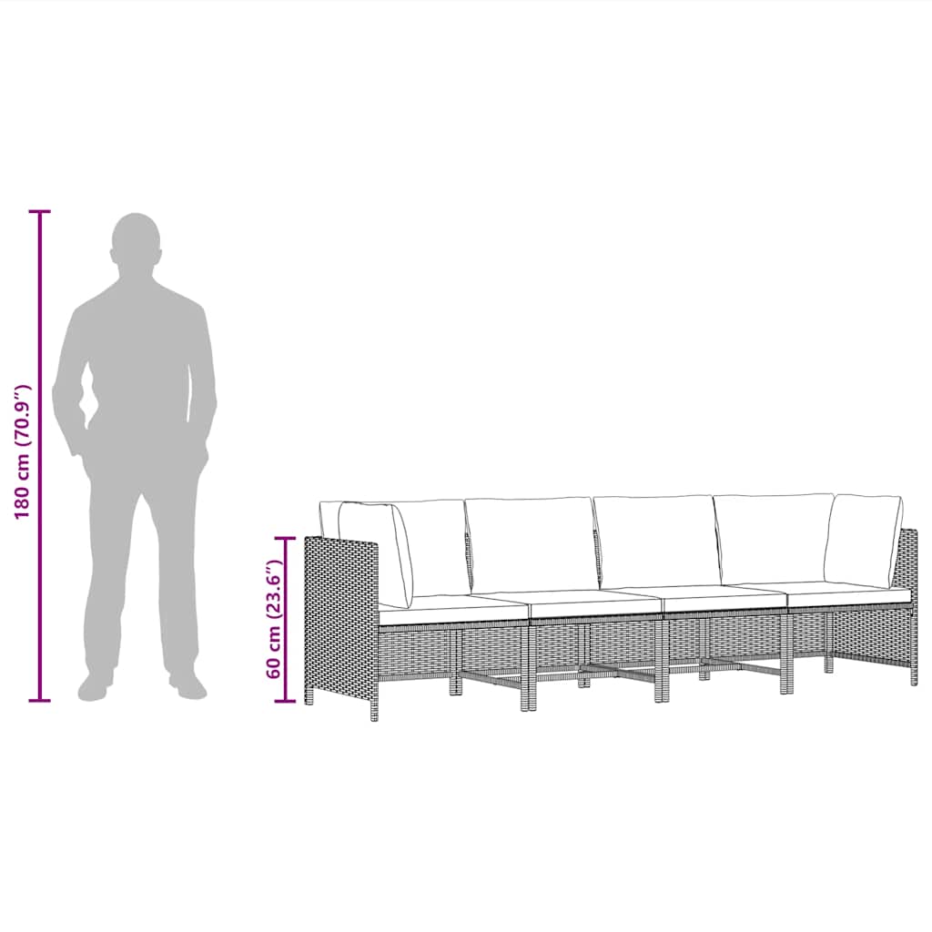 4-Sitzer-Gartensofa mit Auflagen Schwarz Poly Rattan