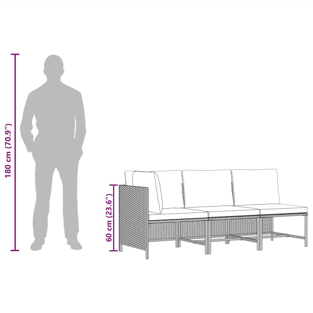 3-tlg. Garten-Sofagarnitur mit Auflagen Schwarz Poly Rattan