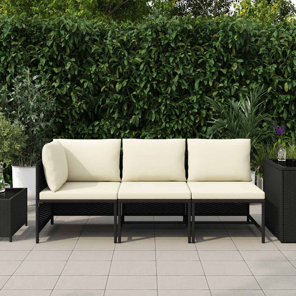 3-tlg. Garten-Sofagarnitur mit Auflagen Schwarz Poly Rattan