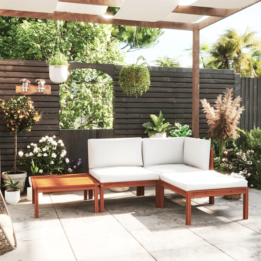 4-tlg. Garten-Lounge-Set mit Kissen Cremefarbenes Holz Akazie & Seil