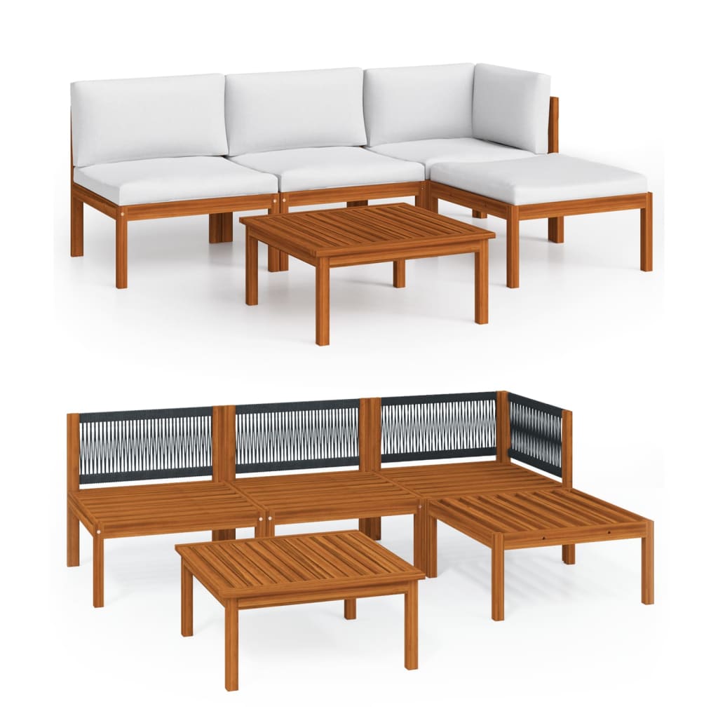 5-tlg. Garten-Lounge-Set mit Kissen Cremefarbenes Holz Akazie & Seil