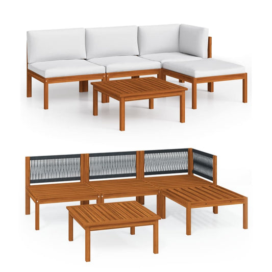 5-tlg. Garten-Lounge-Set mit Kissen Cremefarbenes Holz Akazie & Seil