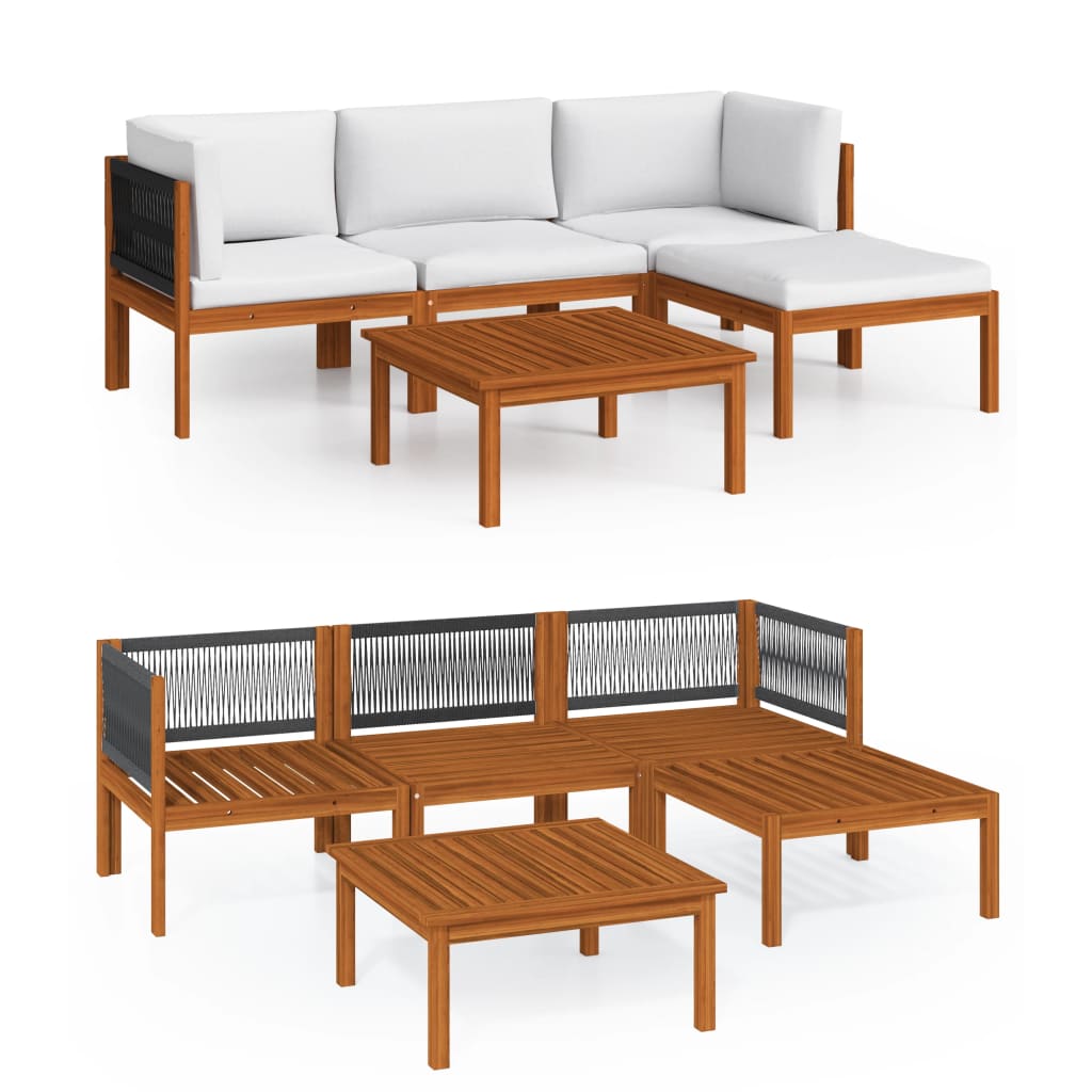 5-tlg. Garten-Lounge-Set mit Kissen Cremefarbenes Holz Akazie & Seil