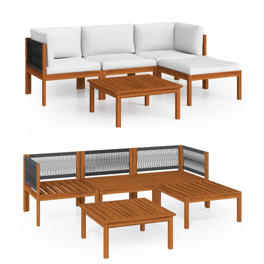 5-tlg. Garten-Lounge-Set mit Kissen Cremefarbenes Holz Akazie & Seil