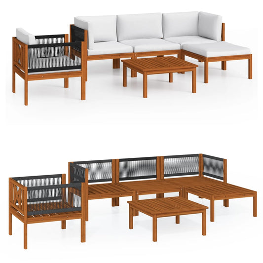 6-tlg. Garten-Lounge-Set mit Kissen Cremefarbenes Holz Akazie & Seil