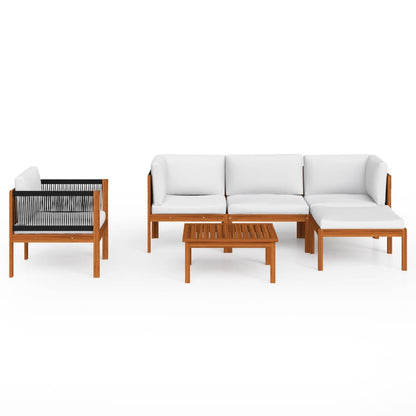 6-tlg. Garten-Lounge-Set mit Kissen Cremefarbenes Holz Akazie & Seil