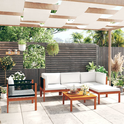 6-tlg. Garten-Lounge-Set mit Kissen Cremefarbenes Holz Akazie & Seil