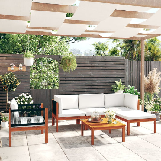 6-tlg. Garten-Lounge-Set mit Kissen Cremefarbenes Holz Akazie & Seil