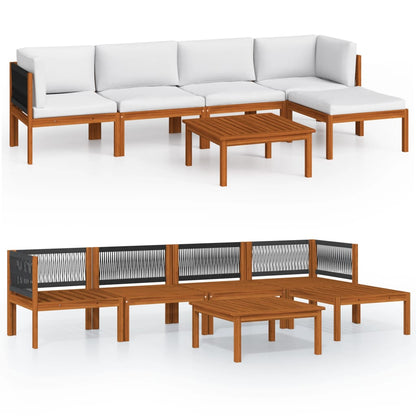 6-tlg. Garten-Lounge-Set mit Kissen Cremefarbenes Holz Akazie & Seil