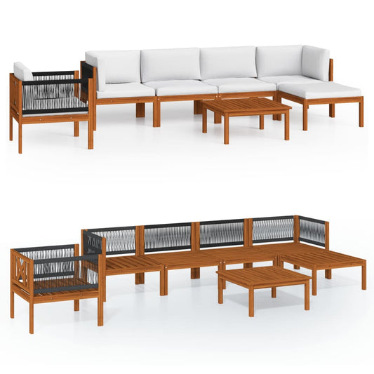 7-tlg. Garten-Lounge-Set mit Kissen Cremefarbenes Holz Akazie & Seil