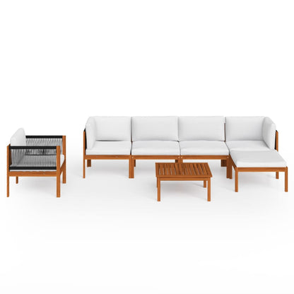 7-tlg. Garten-Lounge-Set mit Kissen Cremefarbenes Holz Akazie & Seil