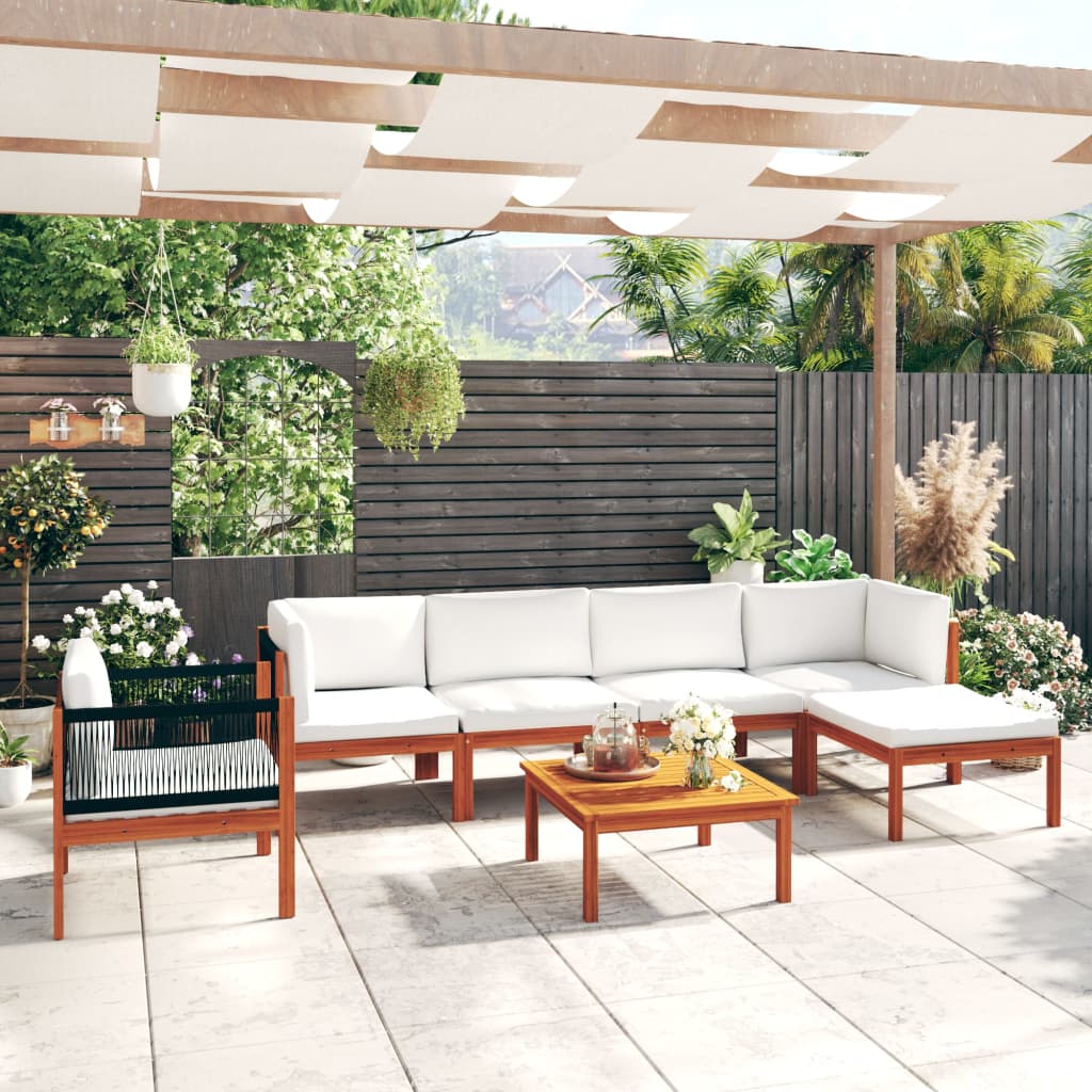 7-tlg. Garten-Lounge-Set mit Kissen Cremefarbenes Holz Akazie & Seil