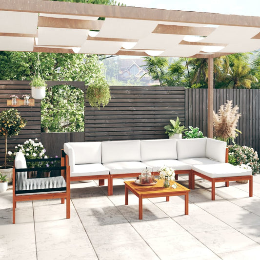 7-tlg. Garten-Lounge-Set mit Kissen Cremefarbenes Holz Akazie & Seil