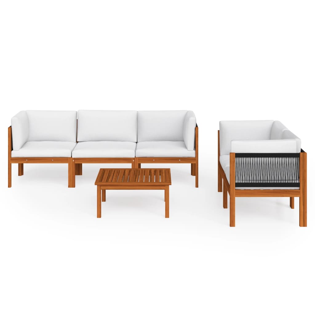 6-tlg. Garten-Lounge-Set mit Kissen Cremefarbenes Holz Akazie & Seil