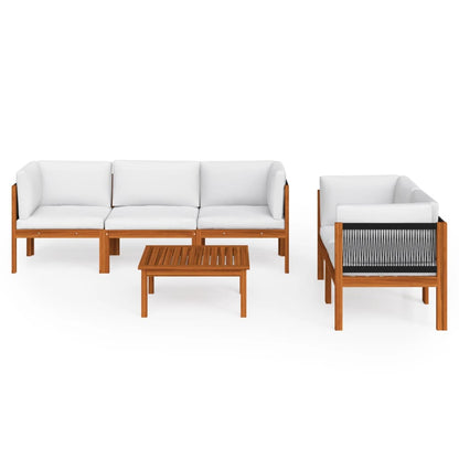 6-tlg. Garten-Lounge-Set mit Kissen Cremefarbenes Holz Akazie & Seil