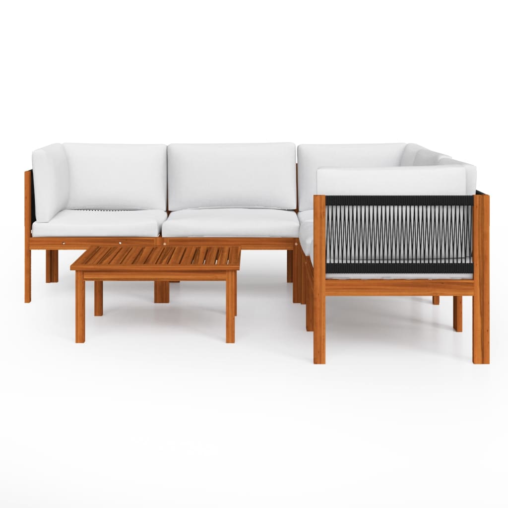 6-tlg. Garten-Lounge-Set mit Kissen Cremefarbenes Holz Akazie & Seil