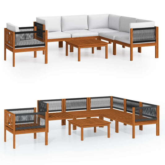 7-tlg. Garten-Lounge-Set mit Kissen Cremefarbenes Holz Akazie & Seil