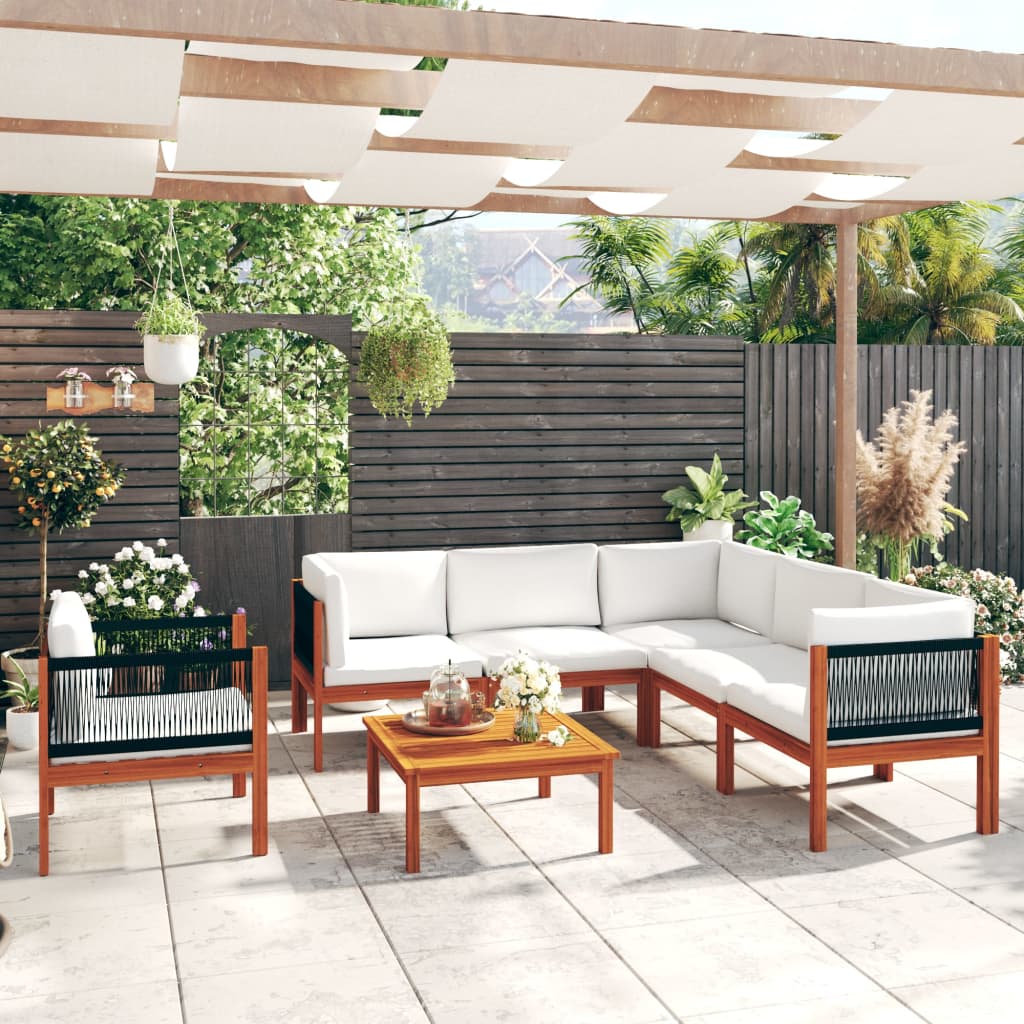 7-tlg. Garten-Lounge-Set mit Kissen Cremefarbenes Holz Akazie & Seil