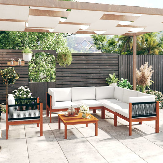 7-tlg. Garten-Lounge-Set mit Kissen Cremefarbenes Holz Akazie & Seil