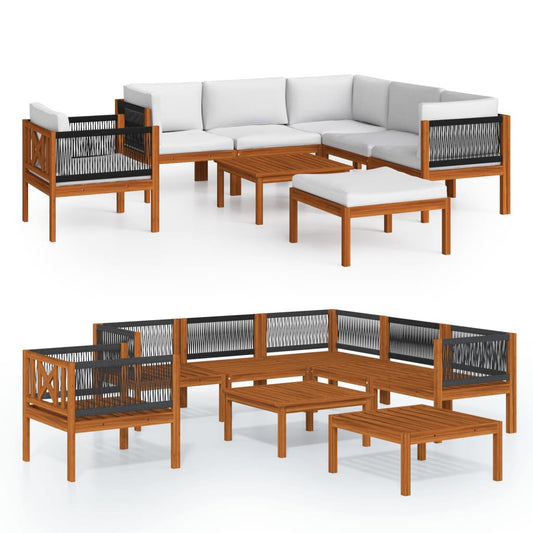 8-tlg. Garten-Lounge-Set mit Kissen Cremefarbenes Holz Akazie & Seil