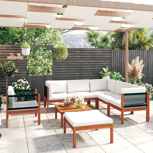8-tlg. Garten-Lounge-Set mit Kissen Cremefarbenes Holz Akazie & Seil