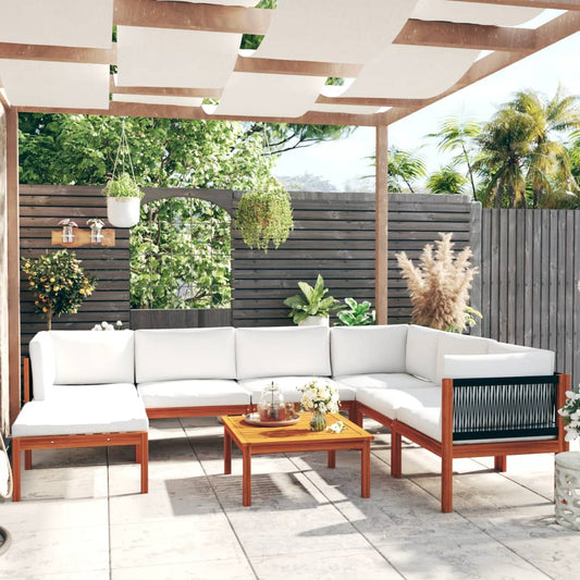 8-tlg. Garten-Lounge-Set mit Kissen Cremefarbenes Holz Akazie & Seil