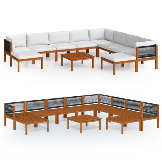 11-tlg. Garten-Lounge-Set mit Kissen Cremefarbenes Holz Akazie & Seil