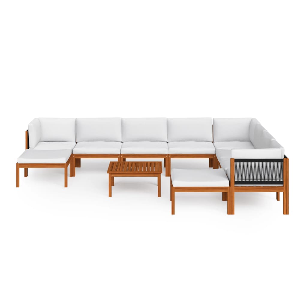 11-tlg. Garten-Lounge-Set mit Kissen Cremefarbenes Holz Akazie & Seil
